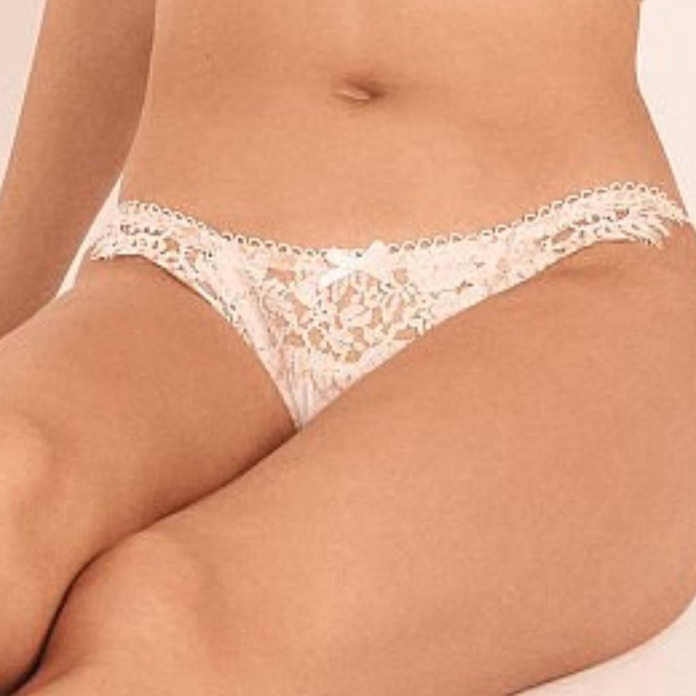 For Love & Lemons XL NWT Faye Lace Thong Panty White Nude Lowrise - Picture 6 of 8